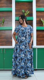 Sky Blue Tribal Mosaic Rayon Feeding Frock – Stylish Front Open Zipper Maternity Dress with Fancy Double Layer Sleeves