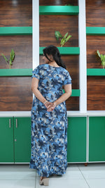 Sky Blue Tribal Mosaic Rayon Feeding Frock – Stylish Front Open Zipper Maternity Dress with Fancy Double Layer Sleeves