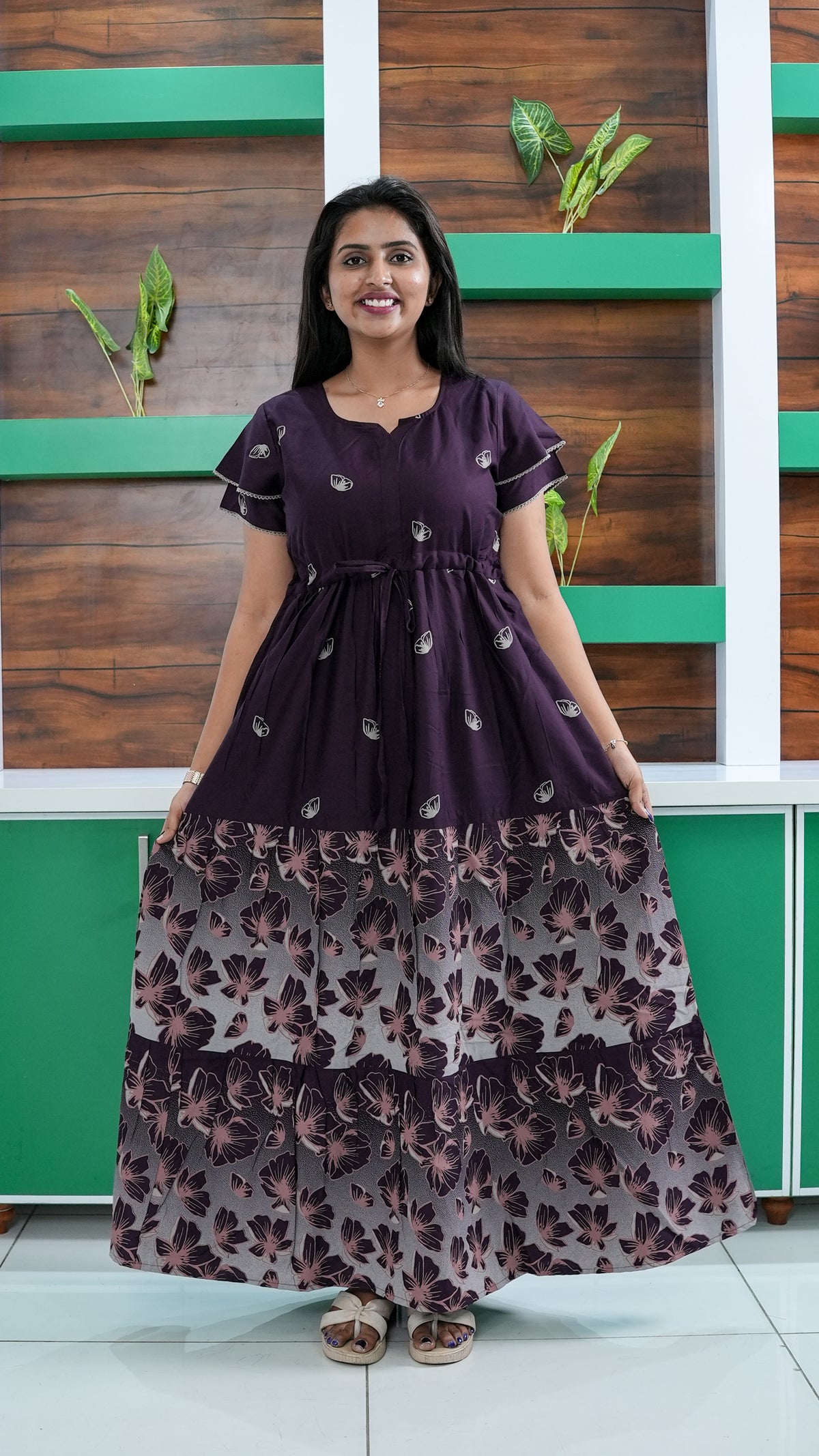 Royal Purple Floral Border Rayon Gathering Frock – Adjustable Front Rope Night Gown with Double Layer Sleeve