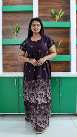 Royal Purple Floral Border Rayon Gathering Frock – Adjustable Front Rope Night Gown with Double Layer Sleeve