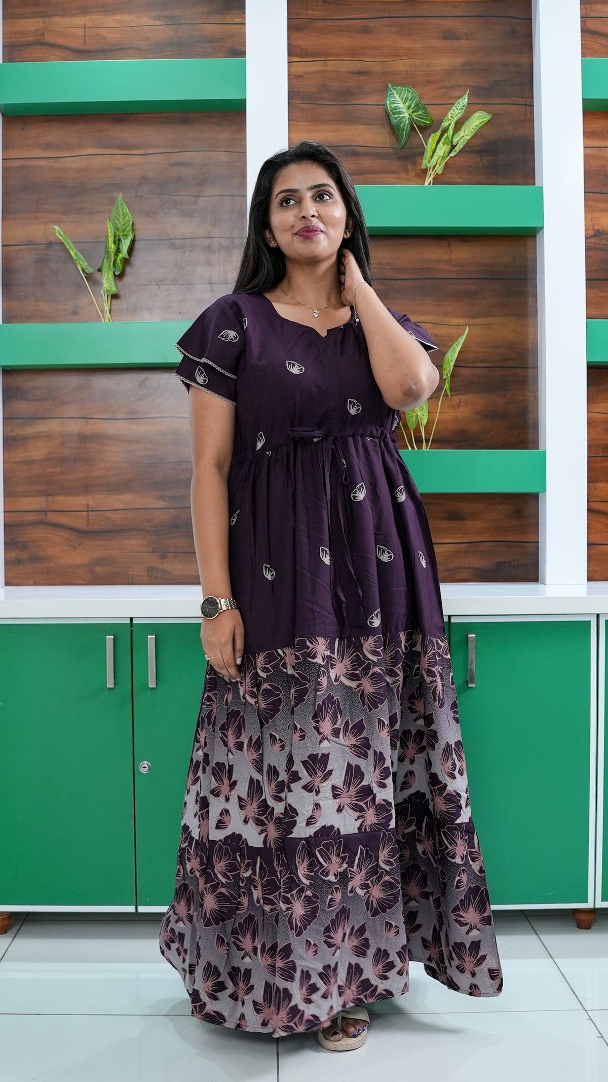 Royal Purple Floral Border Rayon Gathering Frock – Adjustable Front Rope Night Gown with Double Layer Sleeve