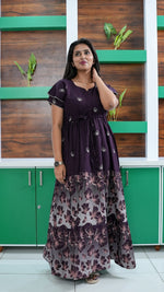 Royal Purple Floral Border Rayon Gathering Frock – Adjustable Front Rope Night Gown with Double Layer Sleeve