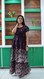 Royal Purple Floral Border Rayon Gathering Frock – Adjustable Front Rope Night Gown with Double Layer Sleeve