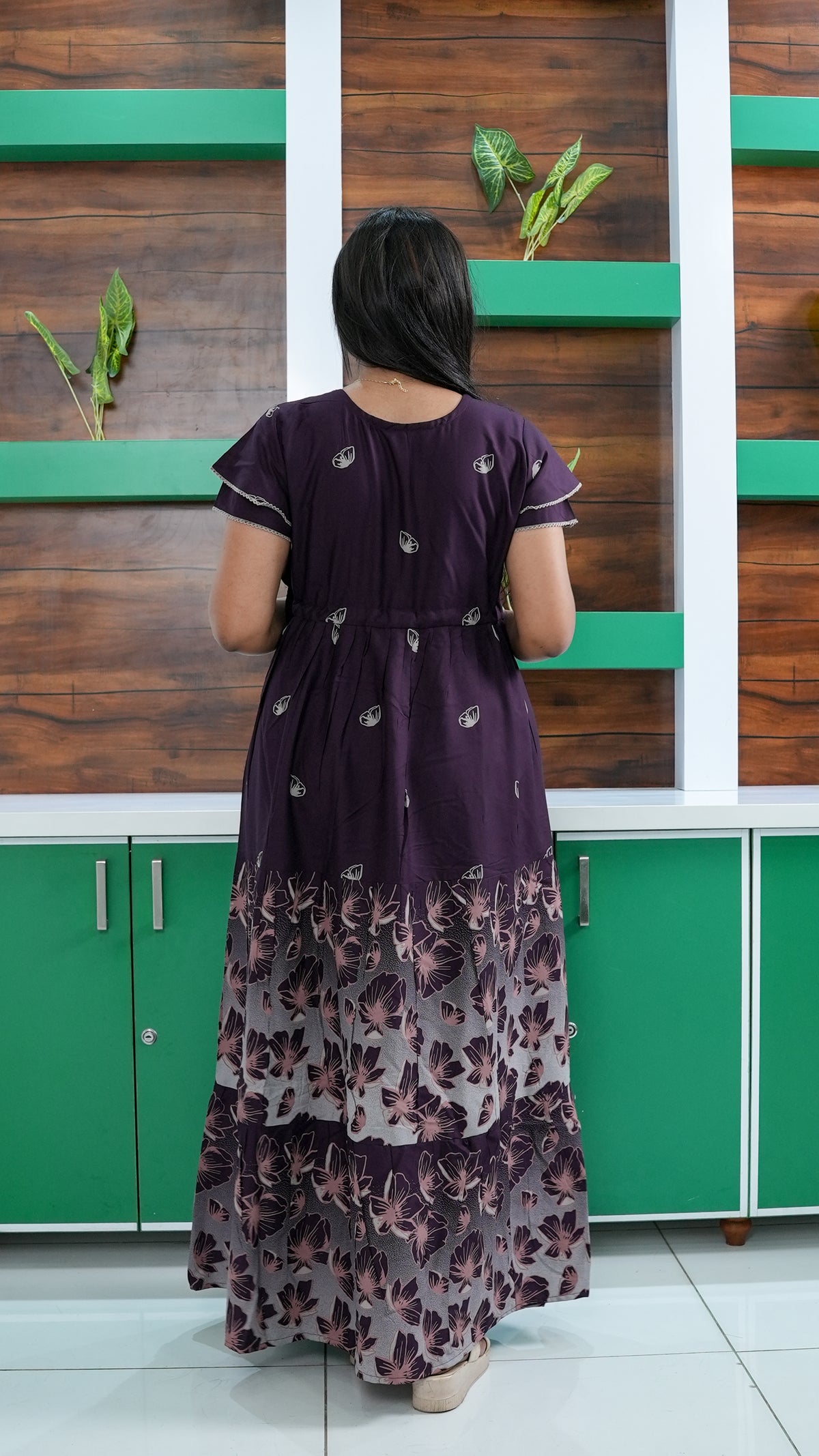 Royal Purple Floral Border Rayon Gathering Frock – Adjustable Front Rope Night Gown with Double Layer Sleeve