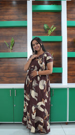 Chocolate Brown Autumn Leaf Print Rayon Feeding Frock – Stylish Front Open Zipper Maternity Dress with Double Layer Sleeves