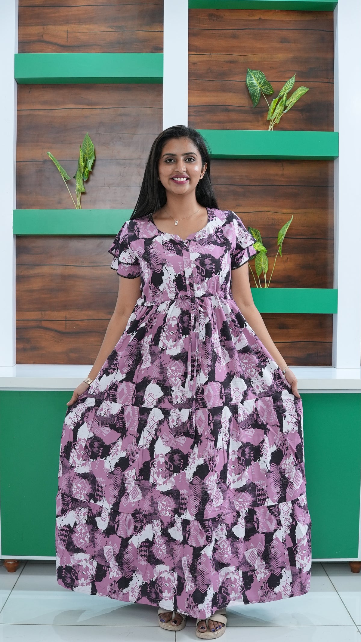 Azure Blue Geometric Print Rayon Gathering Frock – Adjustable Front Rope Night Gown with Double Layer Sleeve