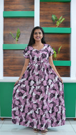 Azure Blue Geometric Print Rayon Gathering Frock – Adjustable Front Rope Night Gown with Double Layer Sleeve