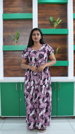 Azure Blue Geometric Print Rayon Gathering Frock – Adjustable Front Rope Night Gown with Double Layer Sleeve