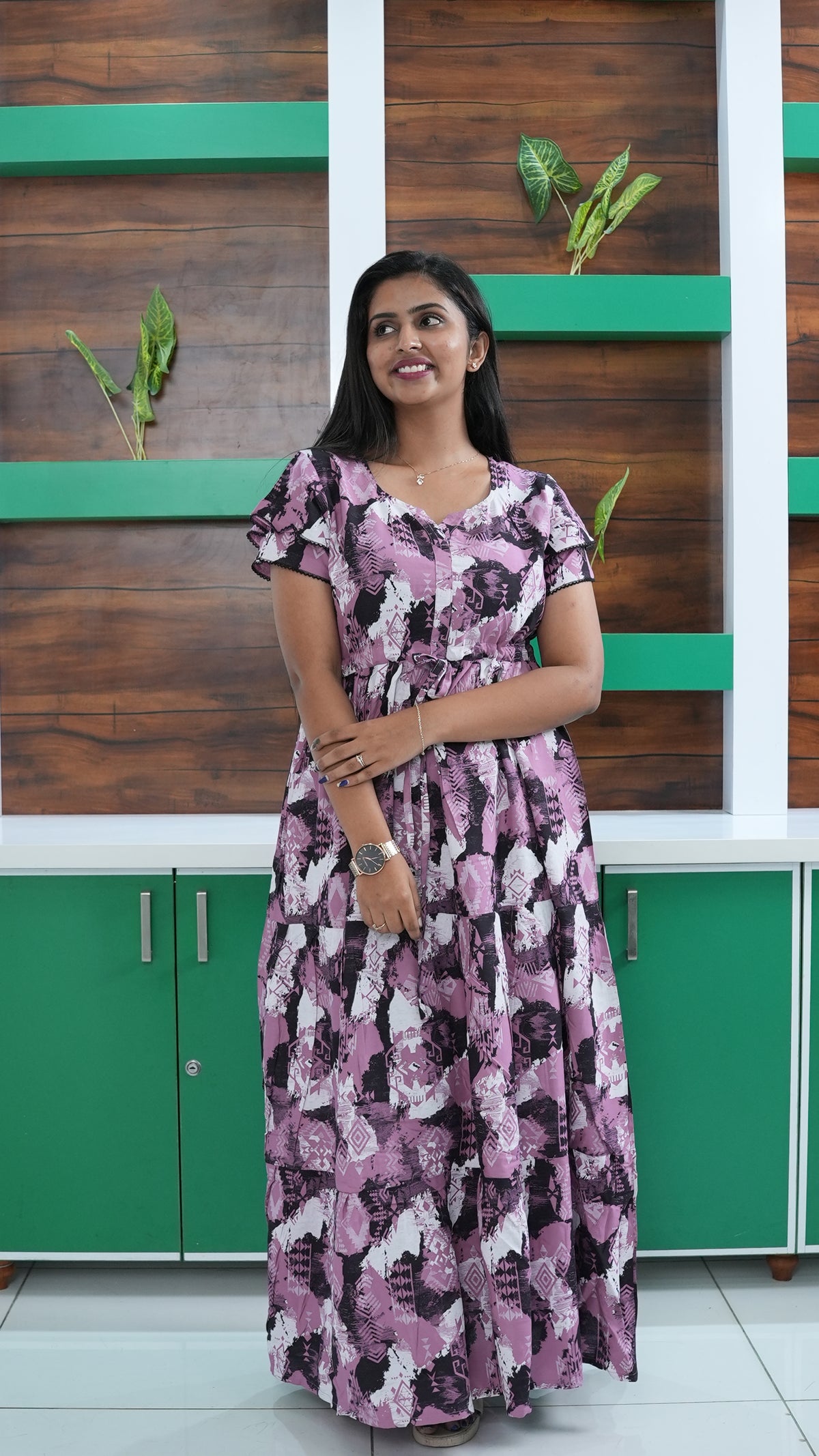 Azure Blue Geometric Print Rayon Gathering Frock – Adjustable Front Rope Night Gown with Double Layer Sleeve