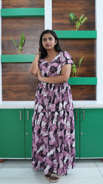 Azure Blue Geometric Print Rayon Gathering Frock – Adjustable Front Rope Night Gown with Double Layer Sleeve