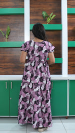 Azure Blue Geometric Print Rayon Gathering Frock – Adjustable Front Rope Night Gown with Double Layer Sleeve