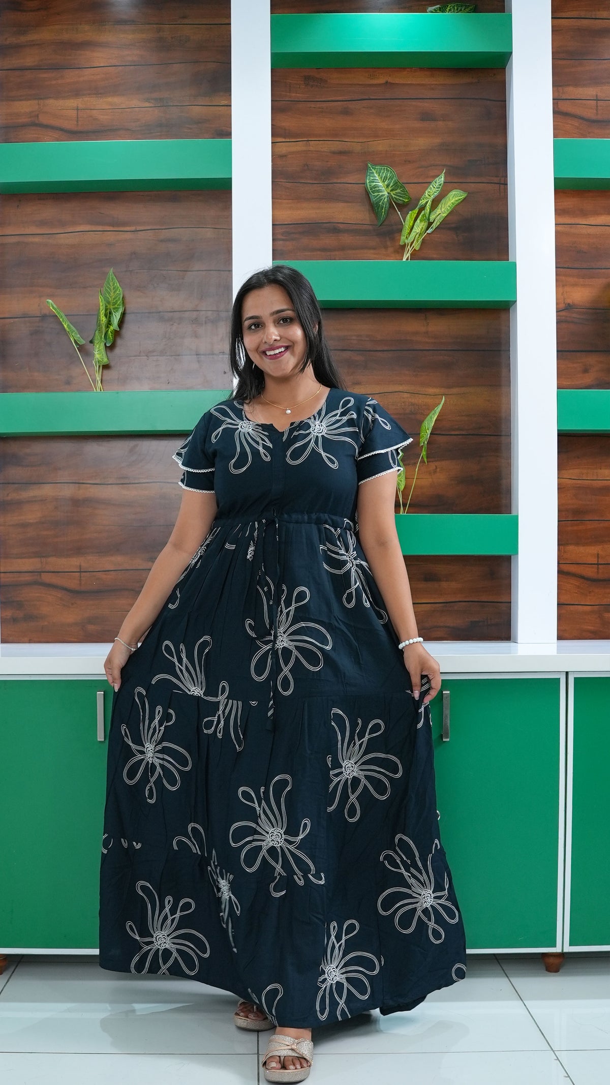 Deep Wine Red Linear Floral Rayon Gathering Frock – Adjustable Front Rope Night Gown with Double Layer Sleeve