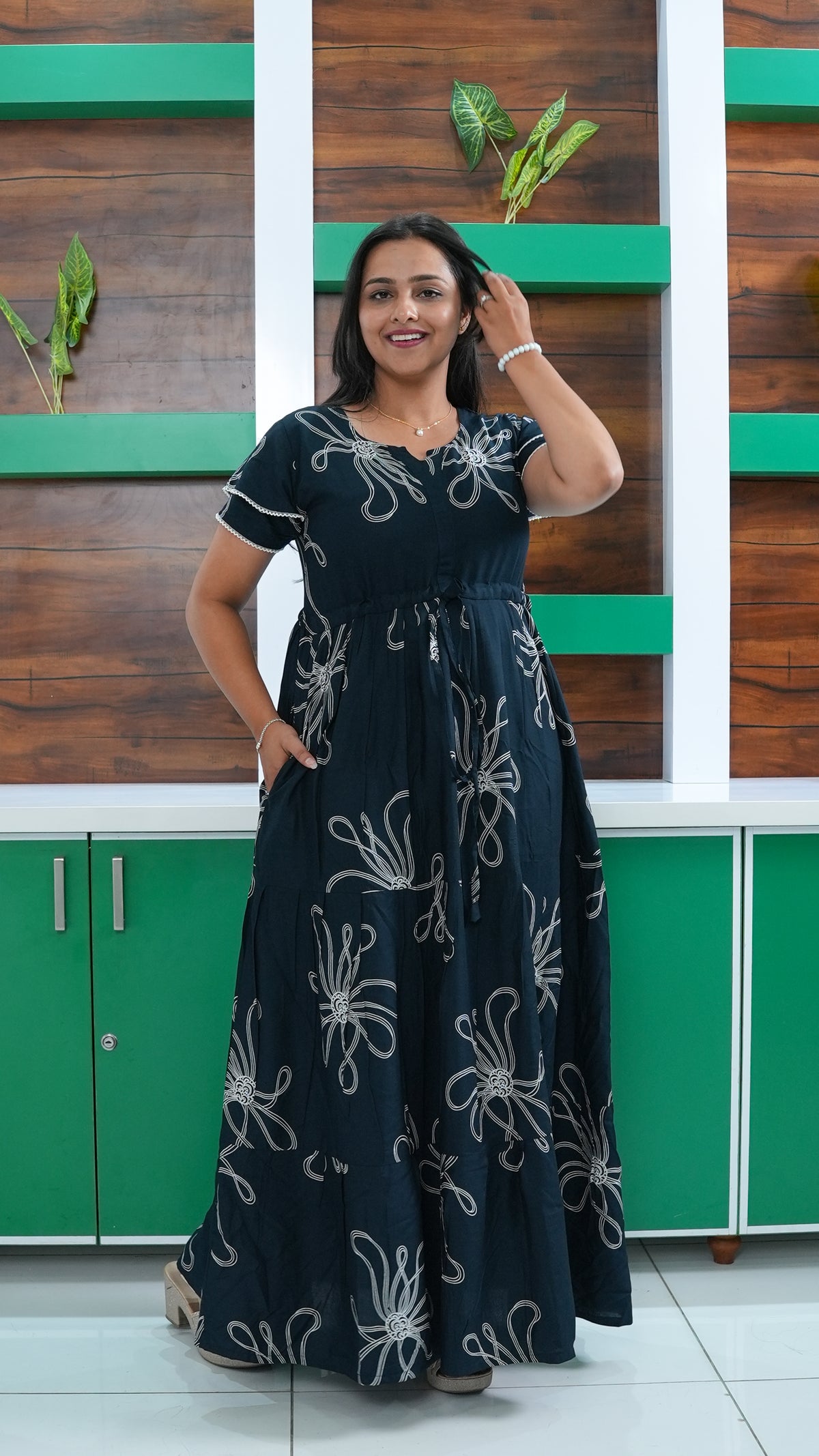 Deep Wine Red Linear Floral Rayon Gathering Frock – Adjustable Front Rope Night Gown with Double Layer Sleeve