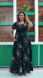 Deep Wine Red Linear Floral Rayon Gathering Frock – Adjustable Front Rope Night Gown with Double Layer Sleeve