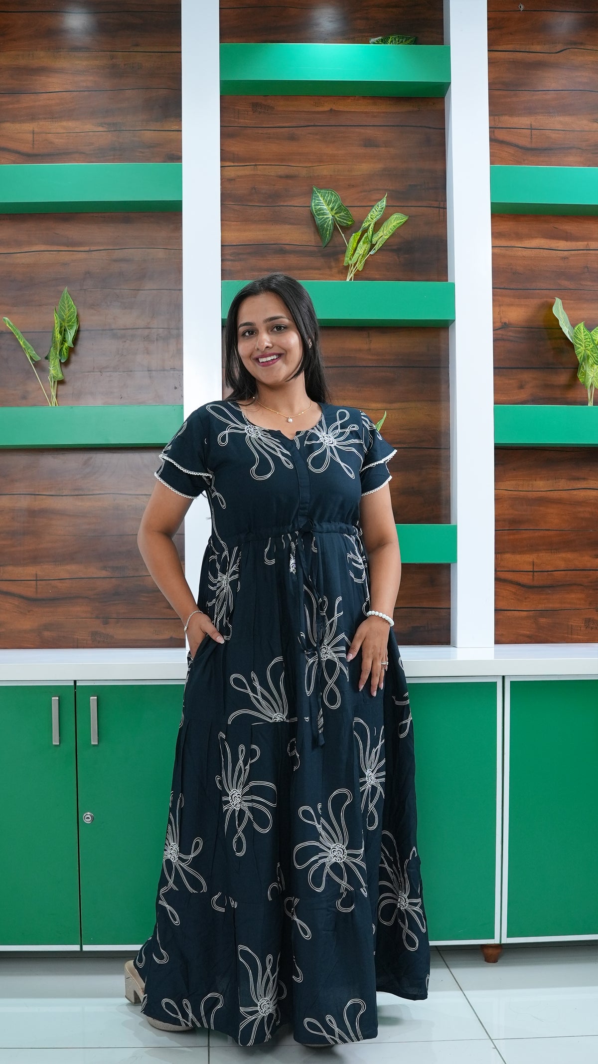 Deep Wine Red Linear Floral Rayon Gathering Frock – Adjustable Front Rope Night Gown with Double Layer Sleeve