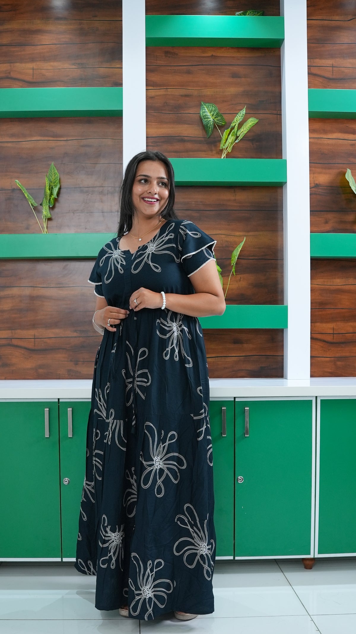 Deep Wine Red Linear Floral Rayon Gathering Frock – Adjustable Front Rope Night Gown with Double Layer Sleeve