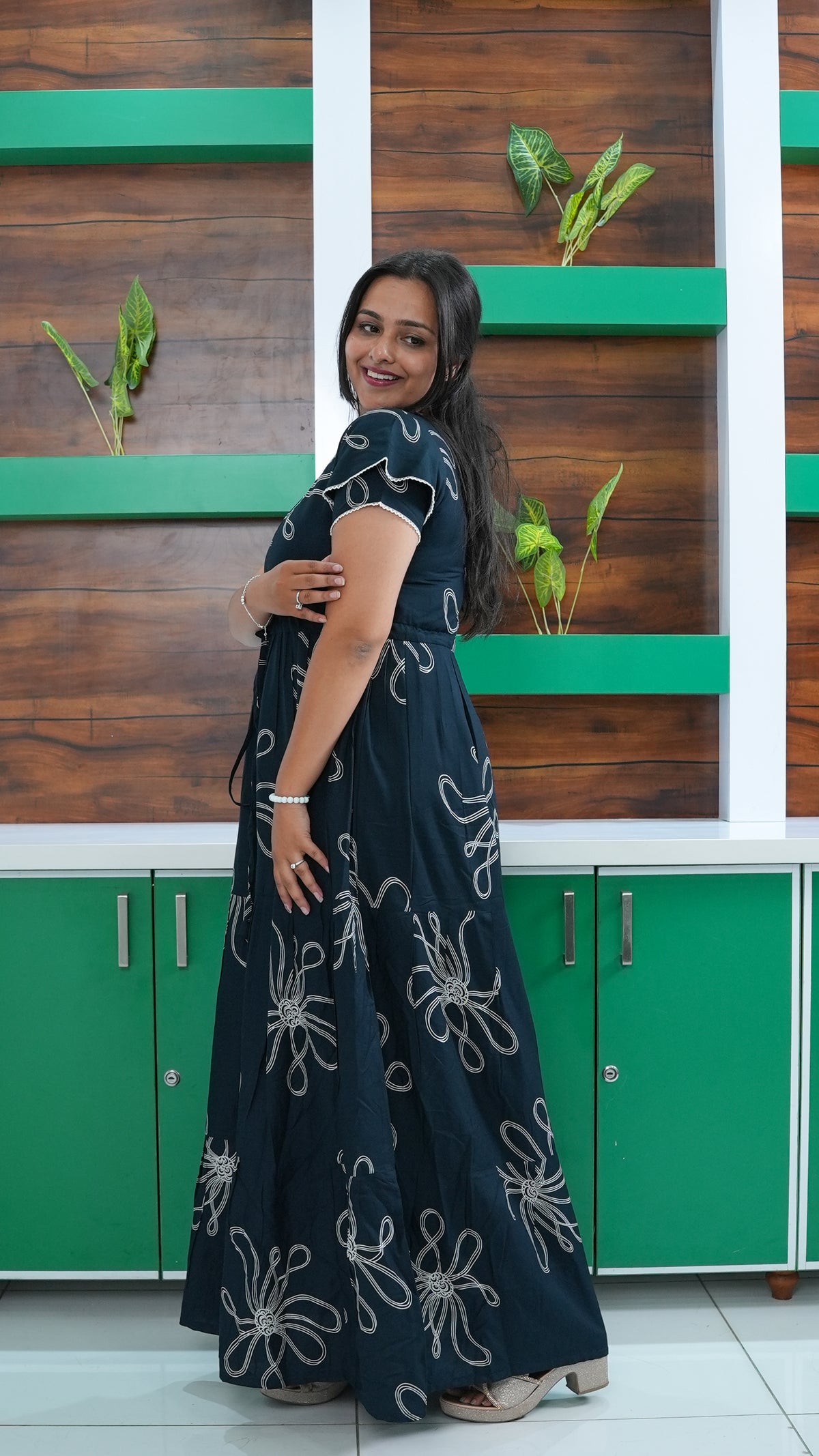 Deep Wine Red Linear Floral Rayon Gathering Frock – Adjustable Front Rope Night Gown with Double Layer Sleeve