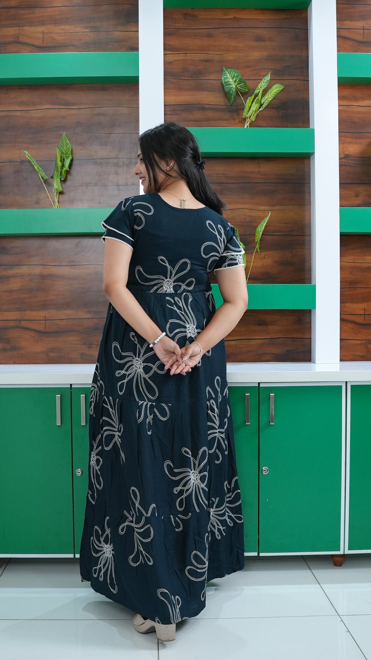 Deep Wine Red Linear Floral Rayon Gathering Frock – Adjustable Front Rope Night Gown with Double Layer Sleeve