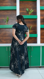 Deep Wine Red Linear Floral Rayon Gathering Frock – Adjustable Front Rope Night Gown with Double Layer Sleeve