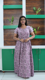 Seafoam Green Lily Print Rayon Gathering Frock – Adjustable Front Rope Night Gown with Double Layer Sleeve