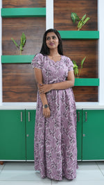 Seafoam Green Lily Print Rayon Gathering Frock – Adjustable Front Rope Night Gown with Double Layer Sleeve