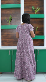 Seafoam Green Lily Print Rayon Gathering Frock – Adjustable Front Rope Night Gown with Double Layer Sleeve