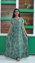 Teal Tropical Monstera Rayon Feeding Frock – Stylish Front Open Zipper Maternity Dress with Double Layer Sleeves