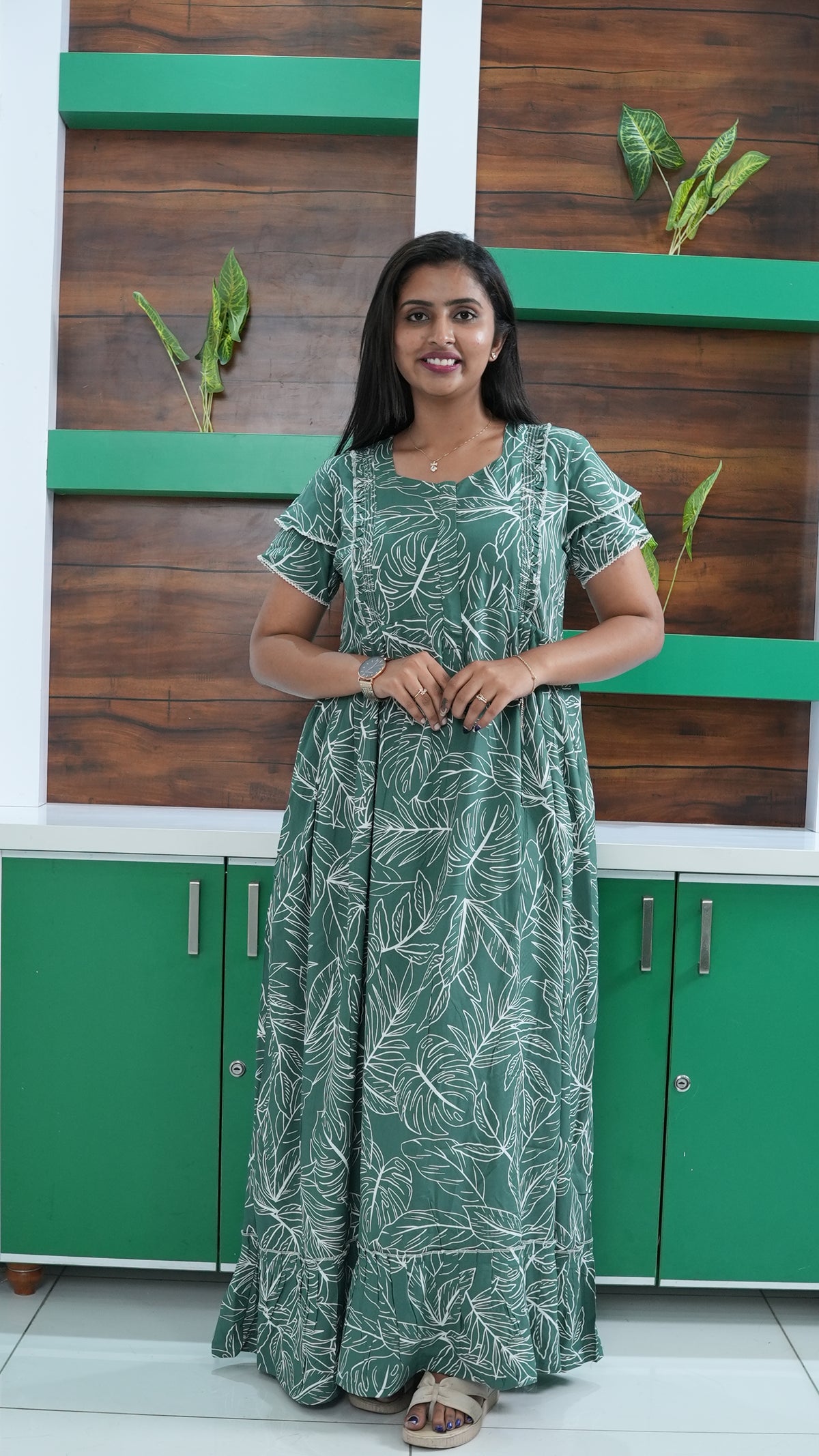 Teal Tropical Monstera Rayon Feeding Frock – Stylish Front Open Zipper Maternity Dress with Double Layer Sleeves