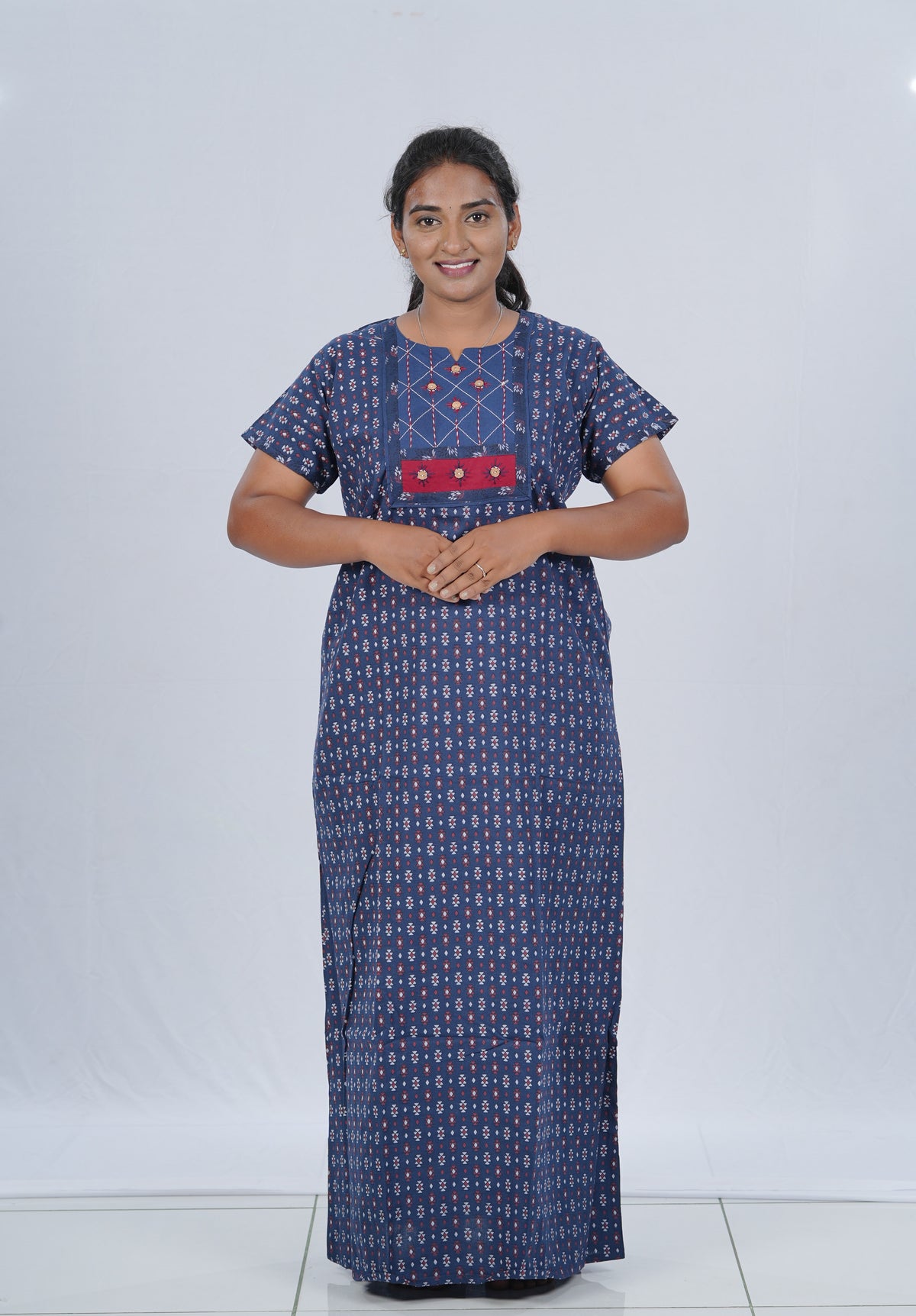 MANGAI New Collection Premium Cotton Embroidery Printed Nighties- All Over Printed Stylish Nightwear for Stylish Women | Trendy Embroidery Neck | Pleated Model (HMS)