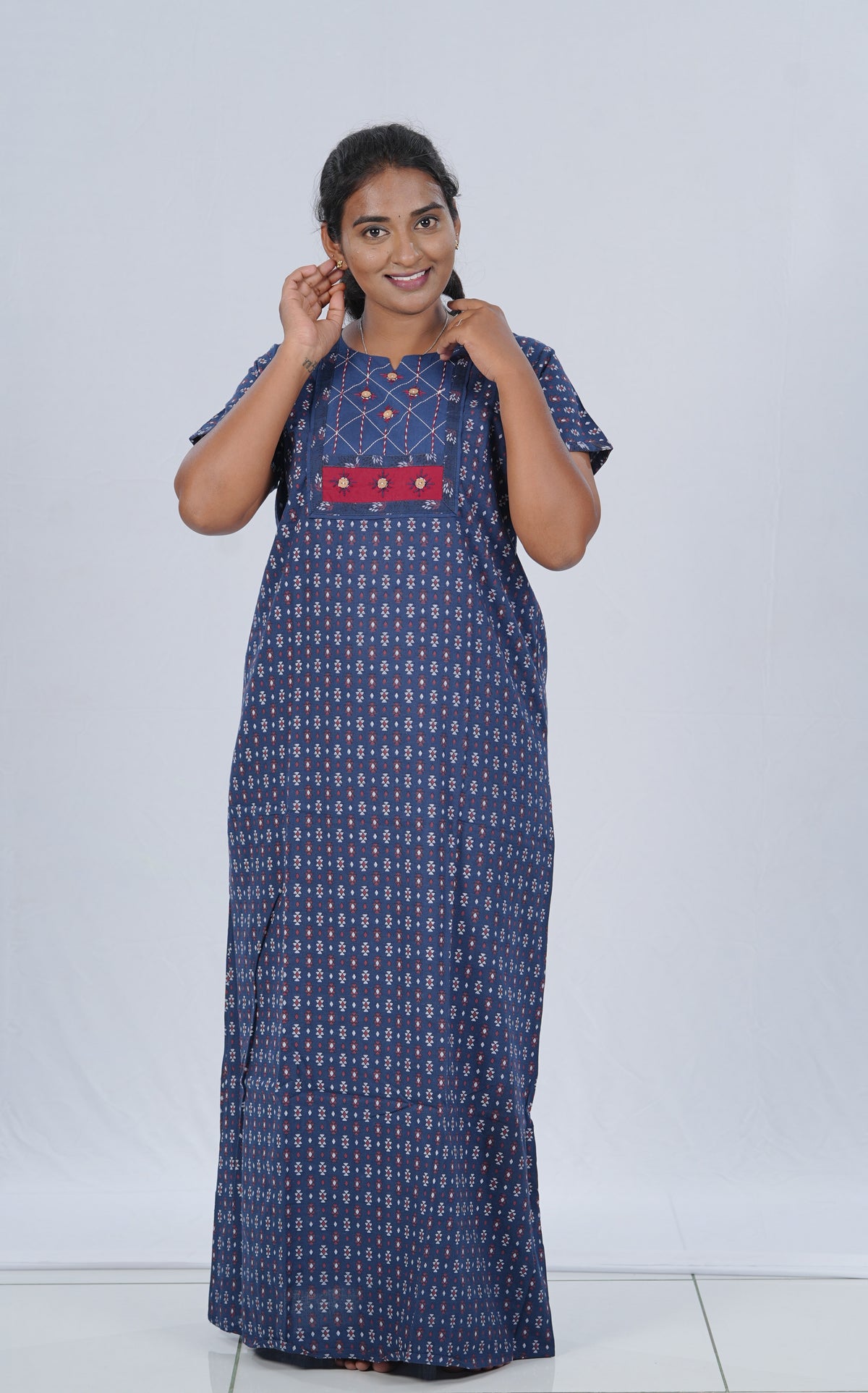 MANGAI New Collection Premium Cotton Embroidery Printed Nighties- All Over Printed Stylish Nightwear for Stylish Women | Trendy Embroidery Neck | Pleated Model (HMS)