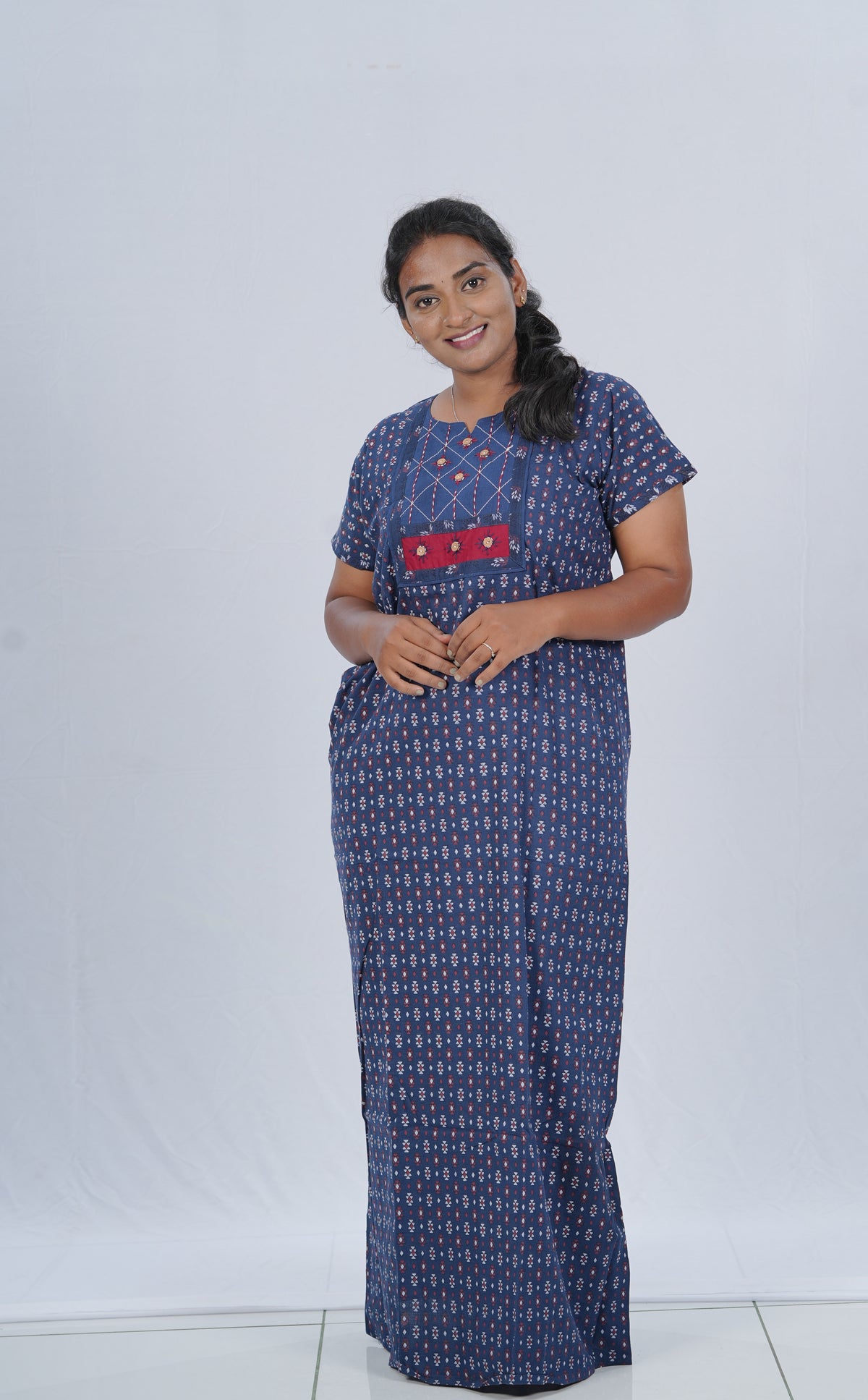 MANGAI New Collection Premium Cotton Embroidery Printed Nighties- All Over Printed Stylish Nightwear for Stylish Women | Trendy Embroidery Neck | Pleated Model (HMS)