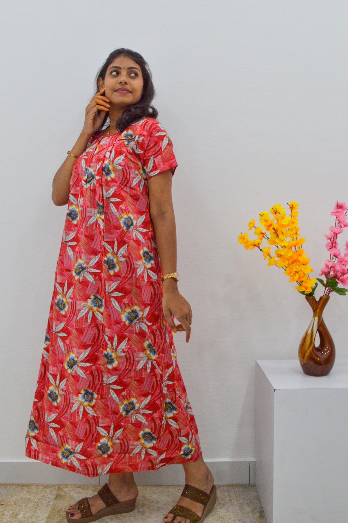 MANGAI Cotton Straight Zip Feeding Nighty |Post Pregnancy | Comfort and Style | Pleated Model | Soft Cotton Feeding Nighties (STF)