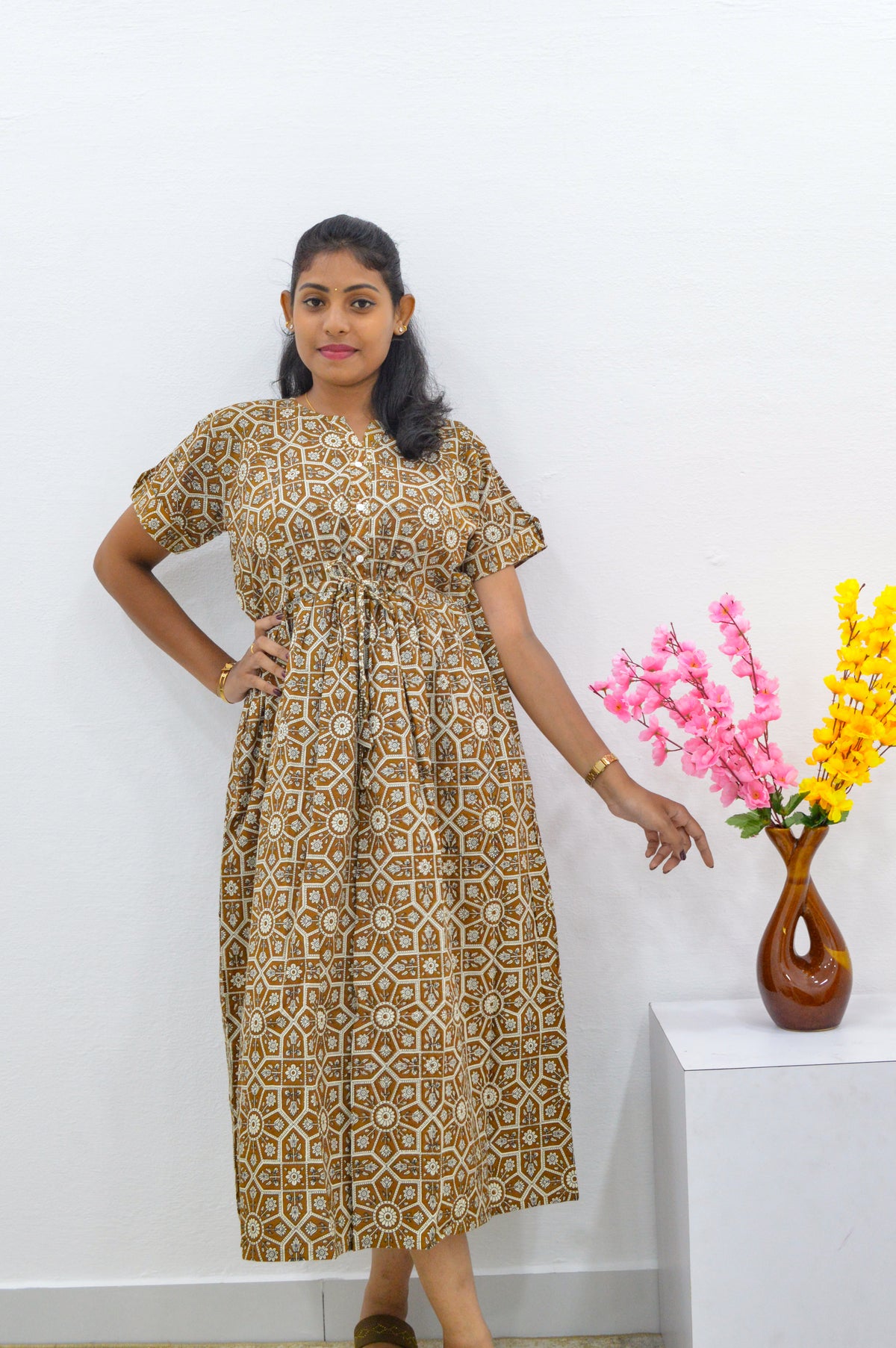 Cotton Gathering Frock for Summer Arrivals | Side Pocket | Button Closed | Elegant Casual Night Wear for Trendy Women's (FKC)