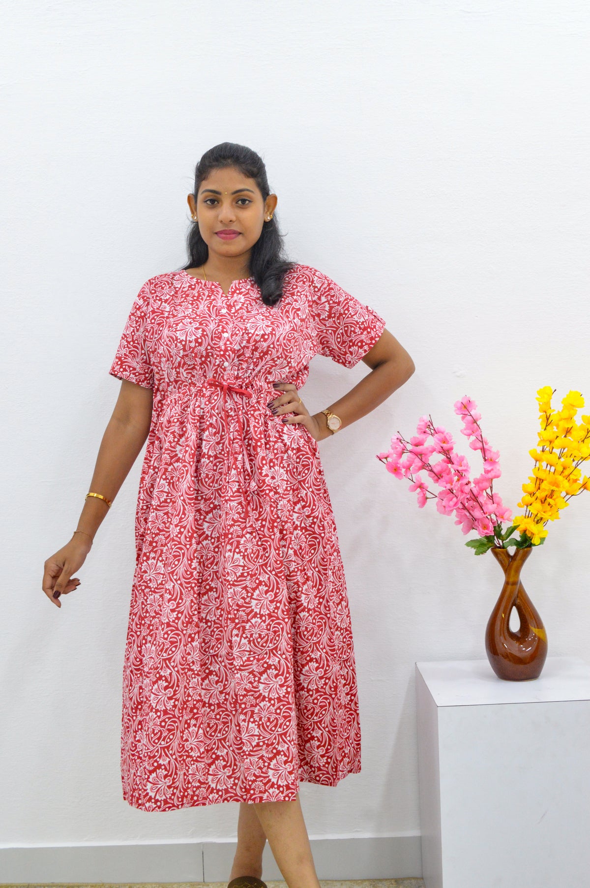 Cotton Gathering Frock for Summer Arrivals | Side Pocket | Button Closed | Elegant Casual Night Wear for Trendy Women's (FKC)