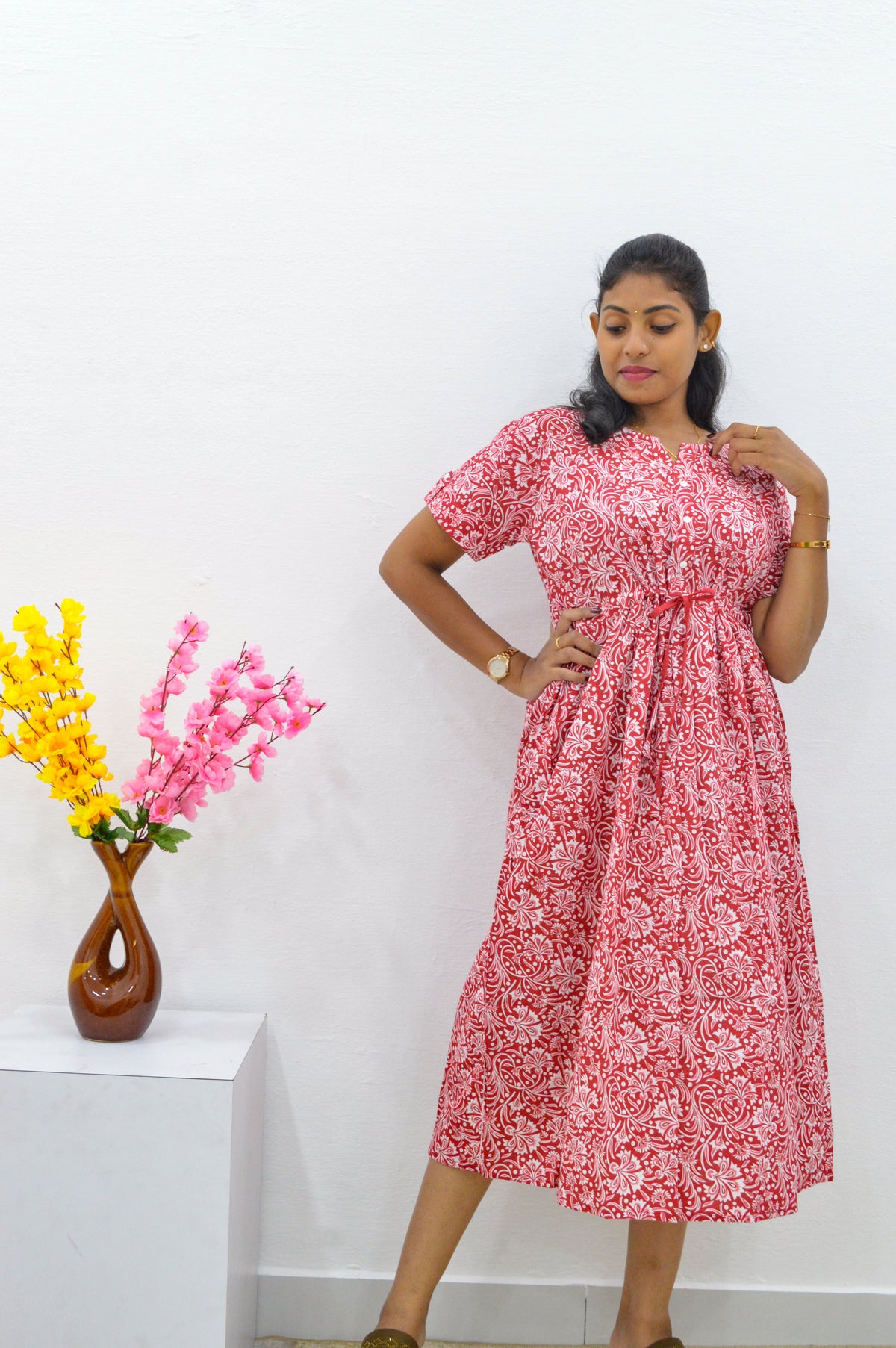 Cotton Gathering Frock for Summer Arrivals | Side Pocket | Button Closed | Elegant Casual Night Wear for Trendy Women's (FKC)