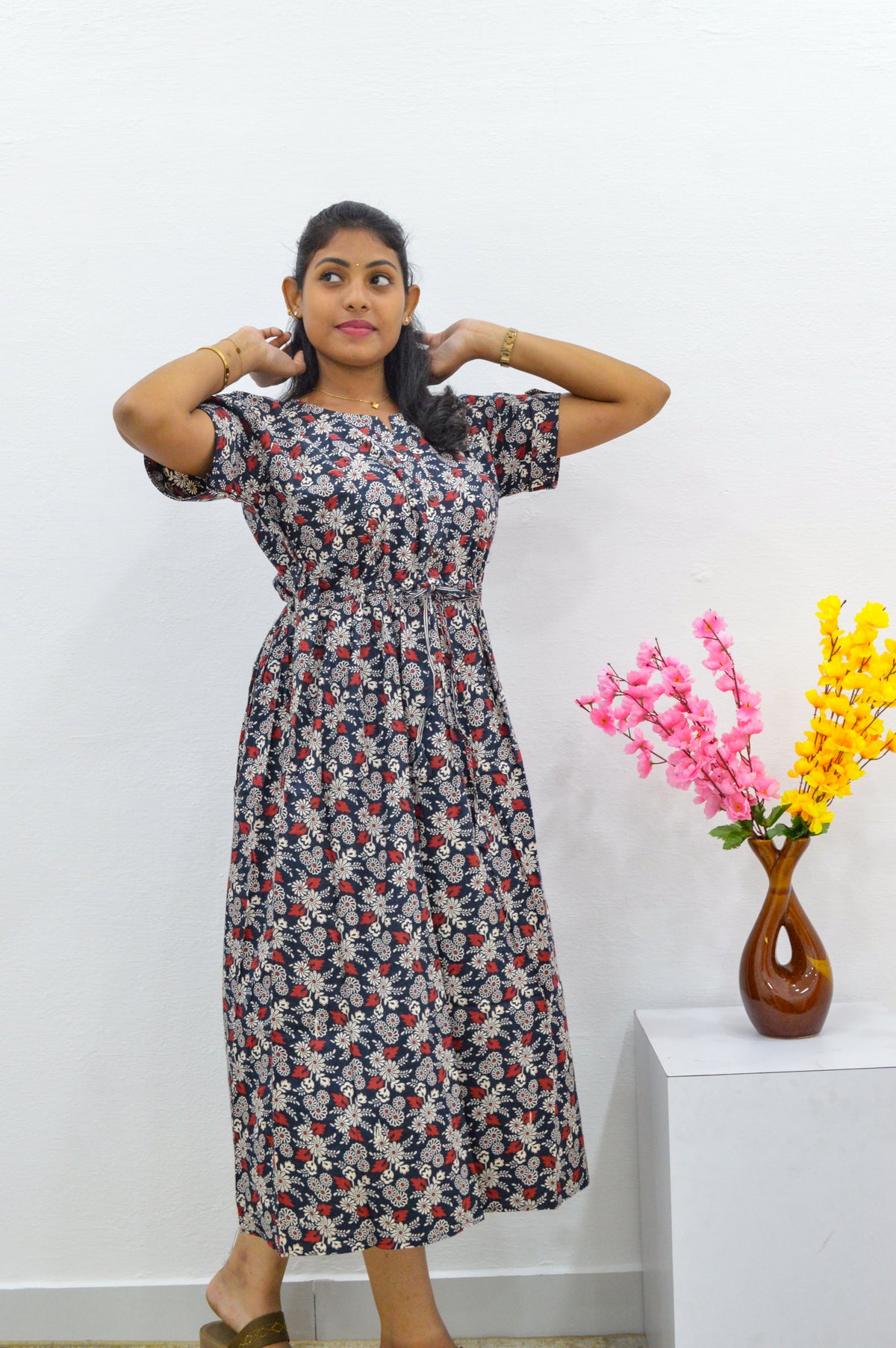 Cotton Gathering Frock for Summer Arrivals | Side Pocket | Button Closed | Elegant Casual Night Wear for Trendy Women's (FKC)