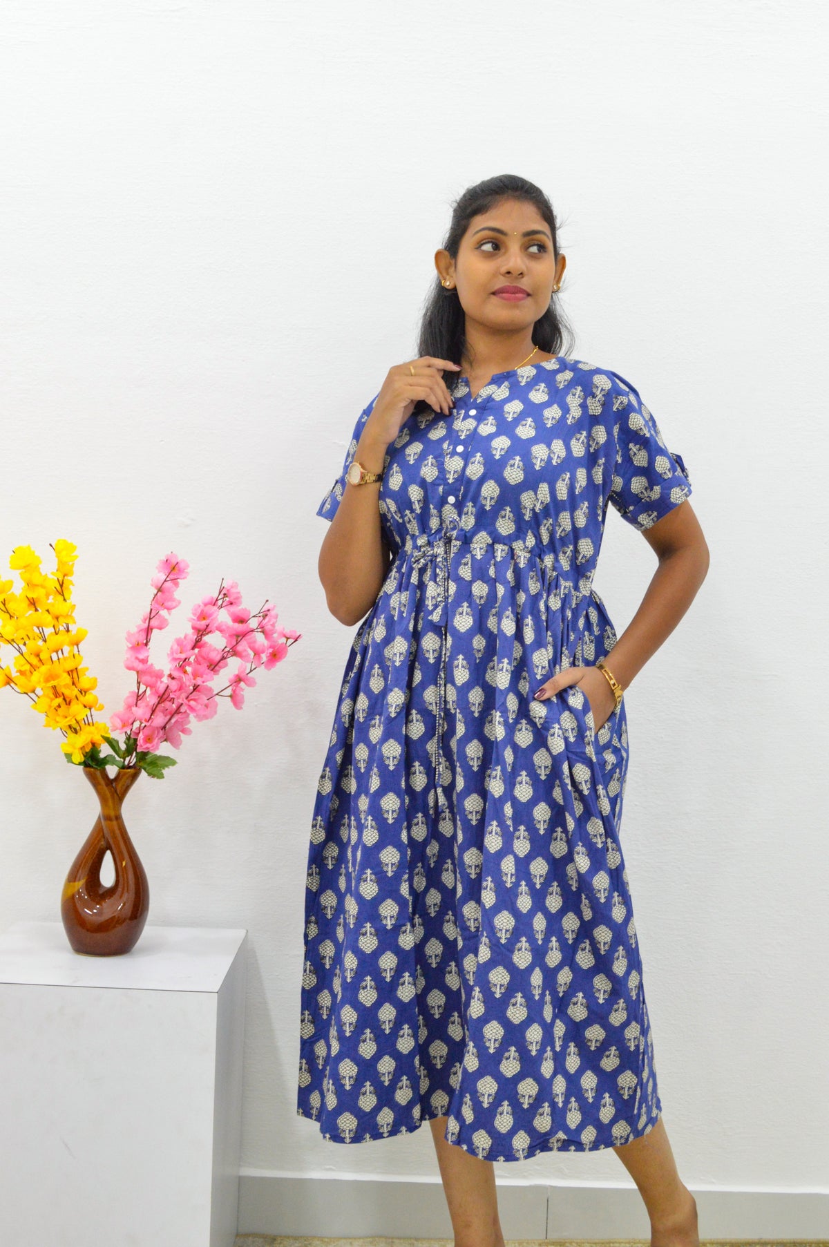 Cotton Gathering Frock for Summer Arrivals | Side Pocket | Button Closed | Elegant Casual Night Wear for Trendy Women's (FKC)
