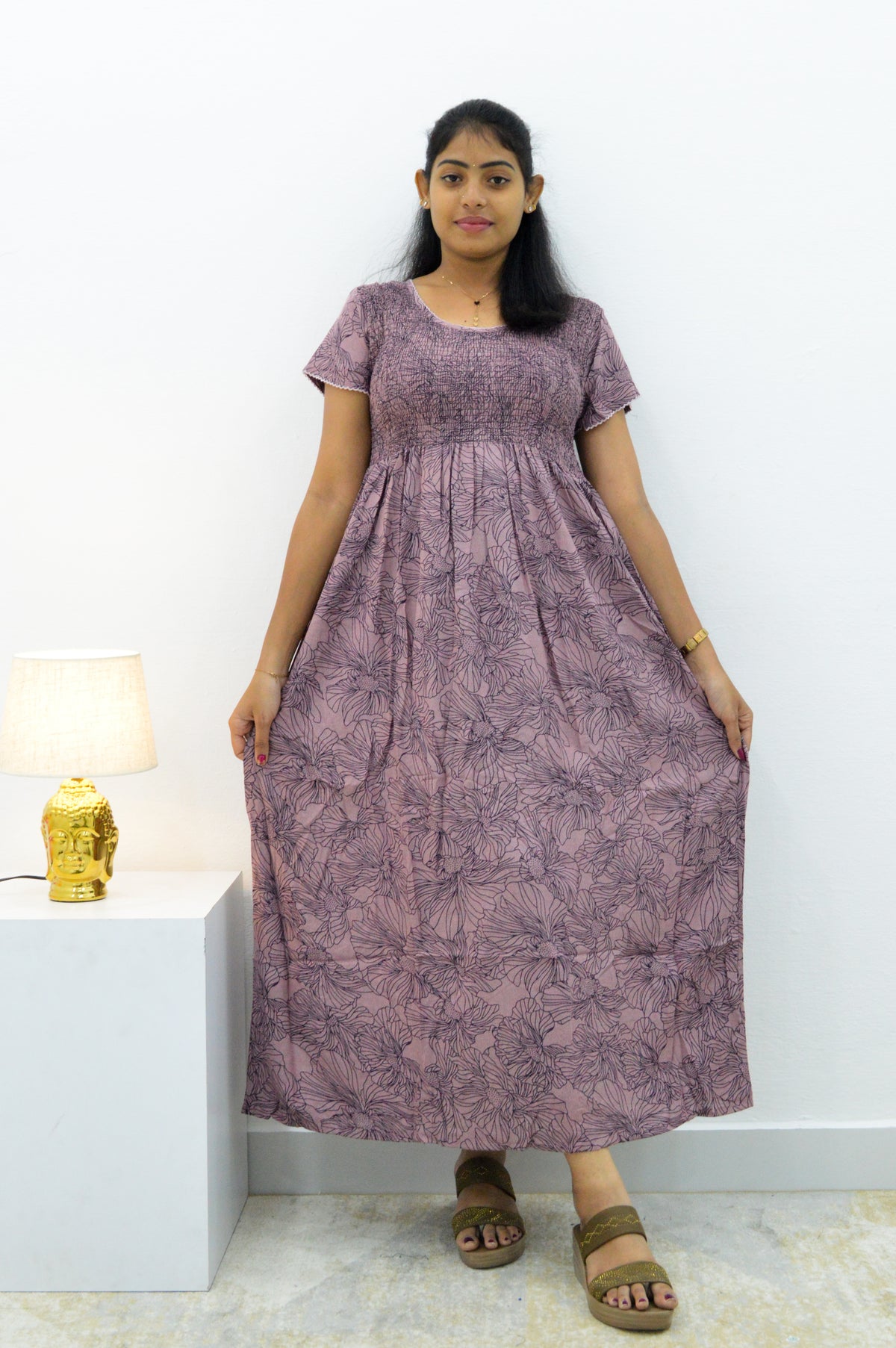 ALPINE Smocking Nighty | Beautiful Pleated Design | Side Pocket | Stylish Nighty for Trendy Women's | Your Perfect Nightwear Collection's (SAP)