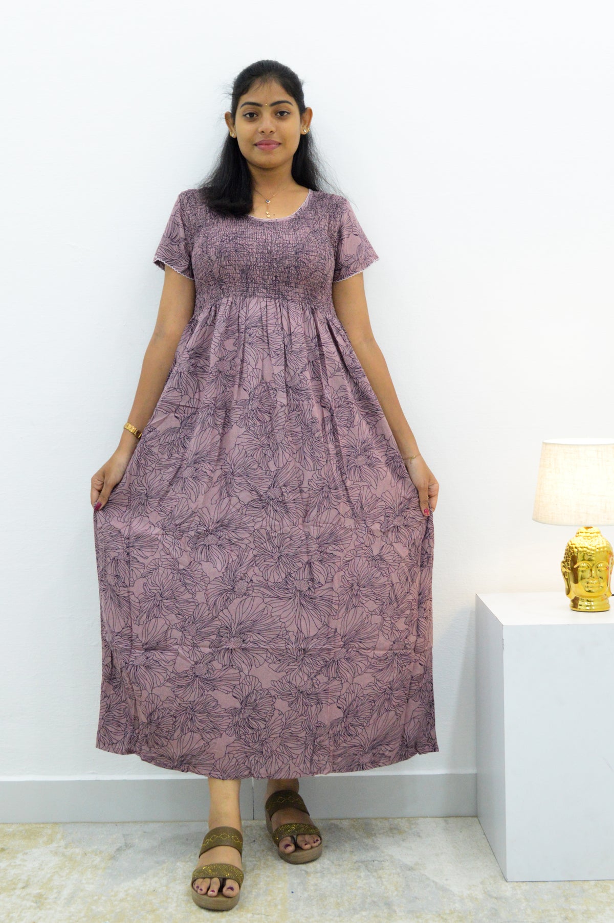 ALPINE Smocking Nighty | Beautiful Pleated Design | Side Pocket | Stylish Nighty for Trendy Women's | Your Perfect Nightwear Collection's (SAP)