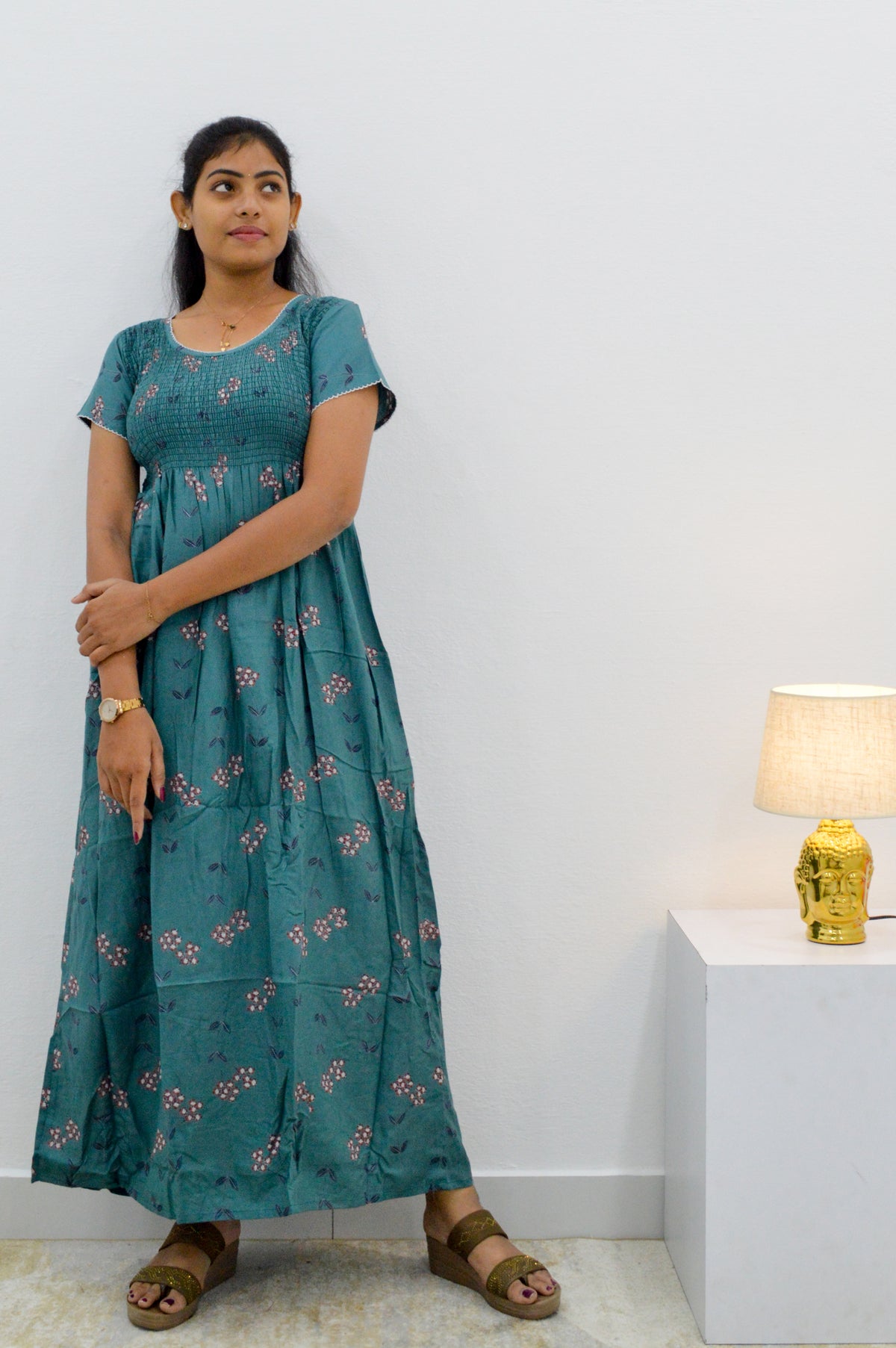 ALPINE Smocking Nighty | Beautiful Pleated Design | Side Pocket | Stylish Nighty for Trendy Women's | Your Perfect Nightwear Collection's (SAP)