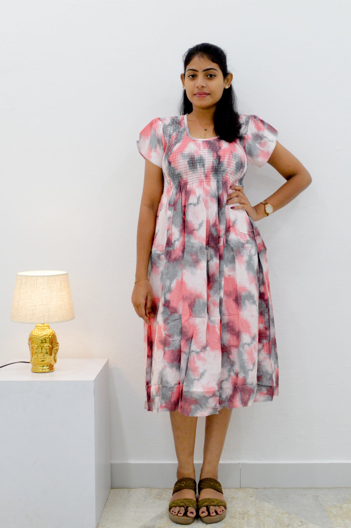 MANGAI Premium Rayon MAXI Frock Smocking Night Gown | Stretchable & Comfort Fit | Fancy Pleated Style with Side Pocket | Round Neck Nightwear for Stylish Women (SRM)