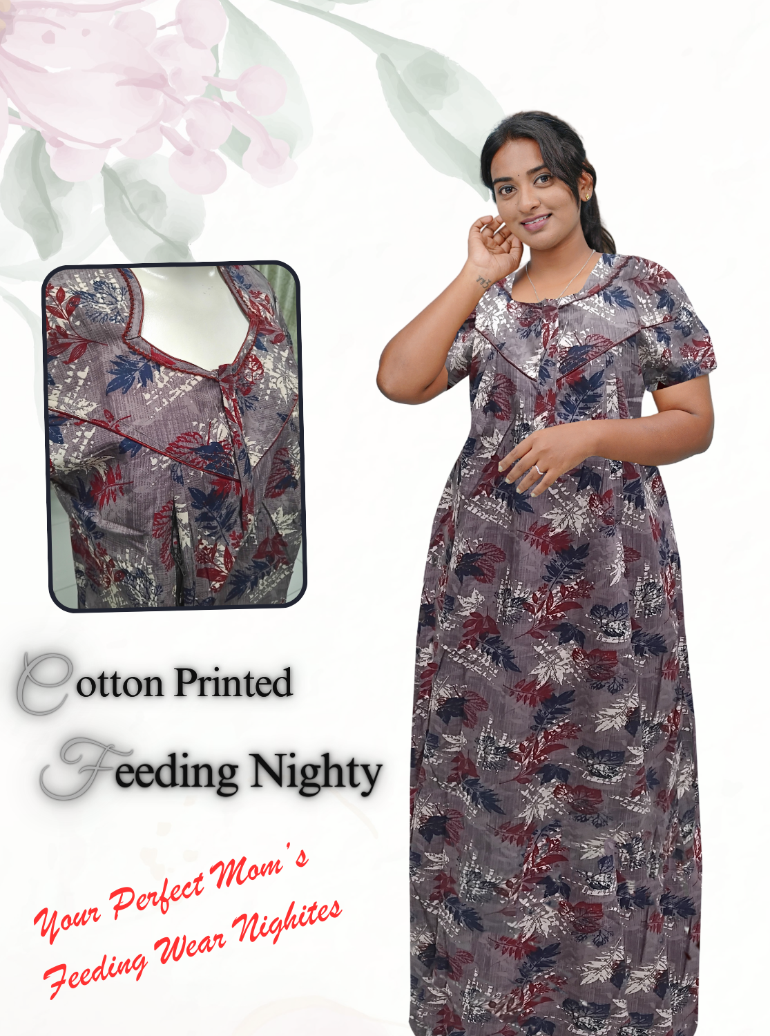 MANGAI Cotton Straight Zip Feeding Nighty |Post Pregnancy | Comfort and Style | Pleated Model | Soft Cotton Feeding Nighties (STF)