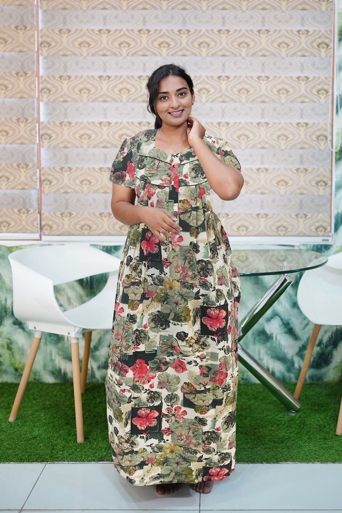 Regular Fit Cotton Printed Pleated Nighties