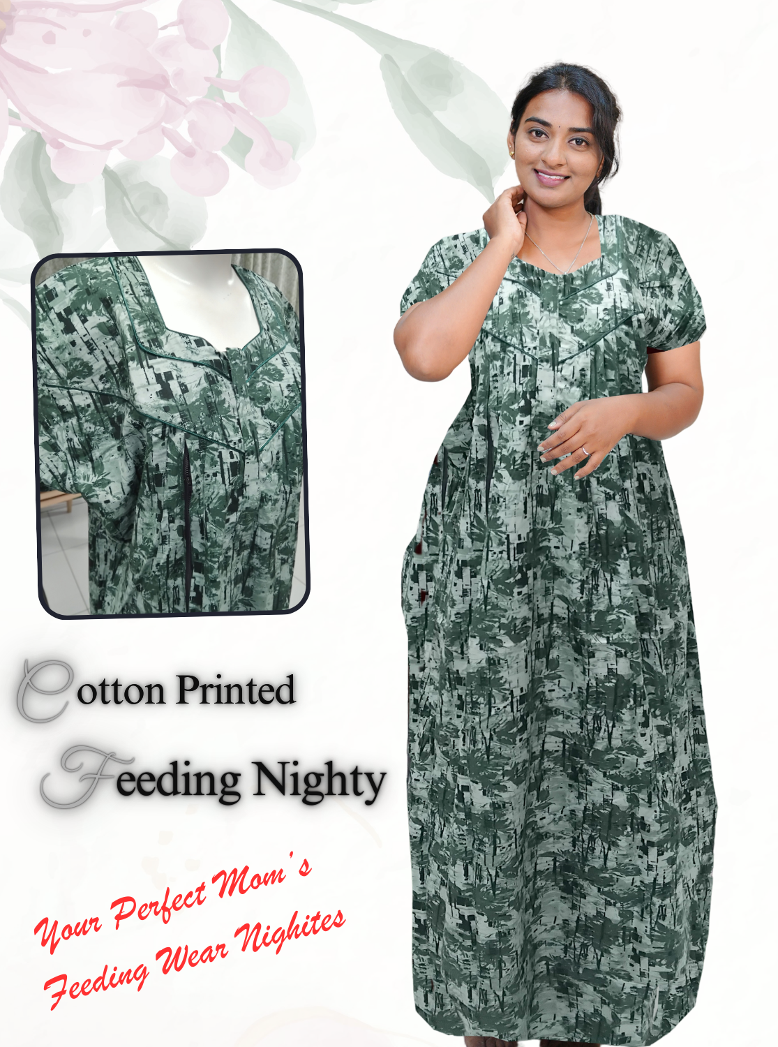 MANGAI Cotton Straight Zip Feeding Nighty |Post Pregnancy | Comfort and Style | Pleated Model | Soft Cotton Feeding Nighties (STF)