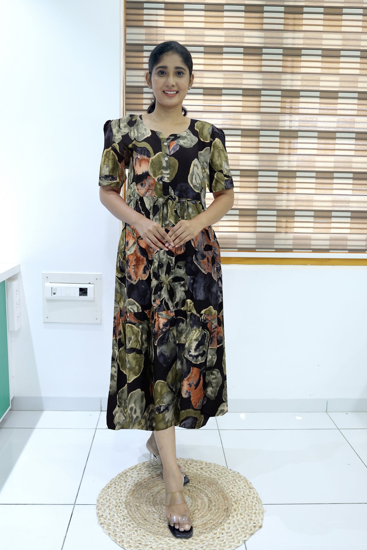 Rayon Colourful Foil Printing Gathering Frock Model Nighties | Side Pocket and Gathering Front Rope | Fancy Sleeve & Maxi Frock Nightwear for Stylish Women's (FGF)