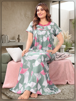 Women's Rayon Pleated Zipless Nighty – Stylish Geometric Print Nightwear with Fancy Contrast Yoke & Side Pocket - Designer Neck Sleepwear