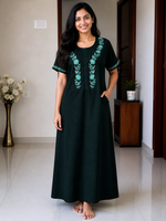 ALPINE Women’s Embroidered Full Length Nighty – Soft & Smooth Comfort Fit Daily Wear Night Dress with Side Pocket, Round Neck Purple Nighty (HCC)