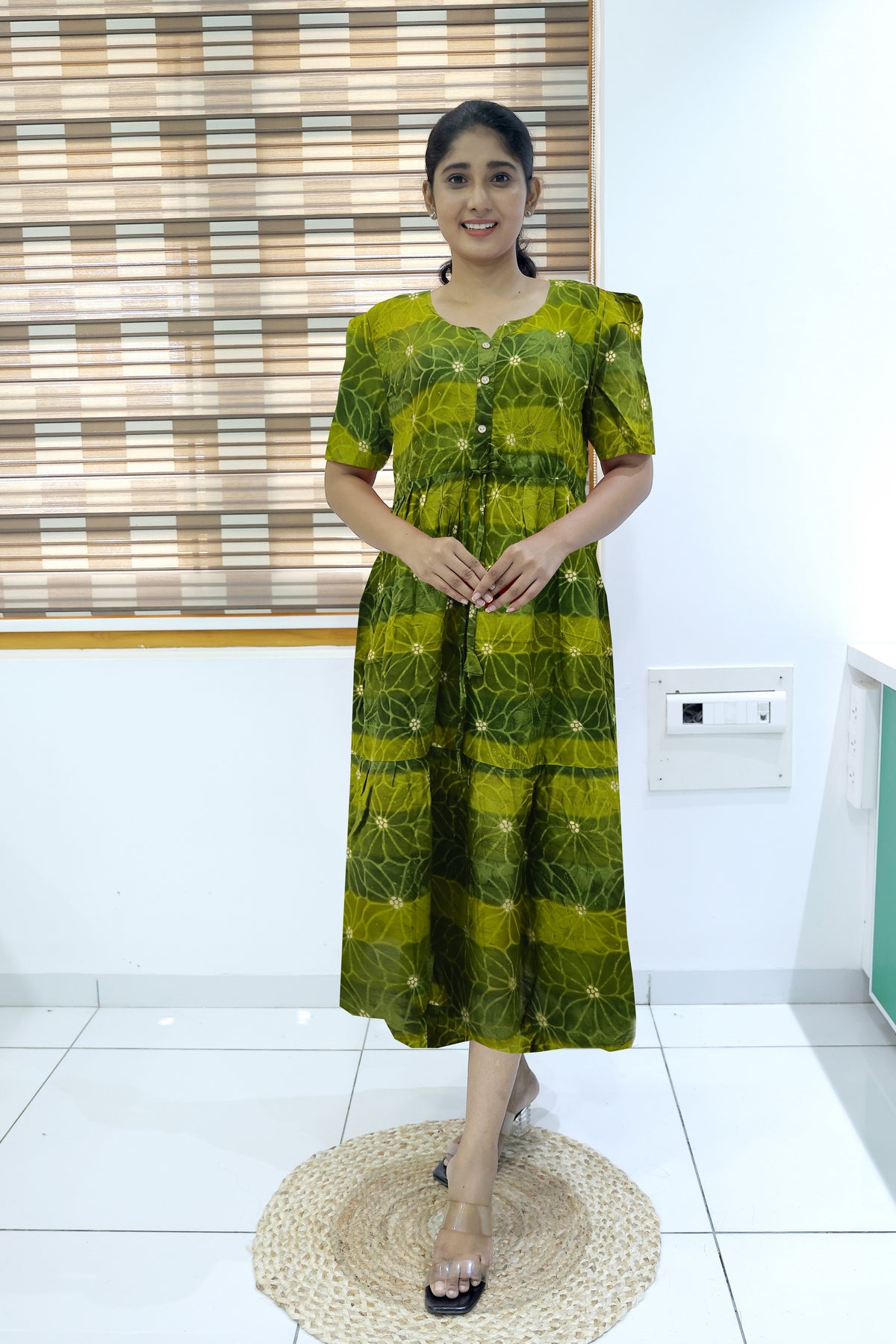 Rayon Colourful Foil Printing Gathering Frock Model Nighties | Side Pocket and Gathering Front Rope | Fancy Sleeve & Maxi Frock Nightwear for Stylish Women's (FGF)