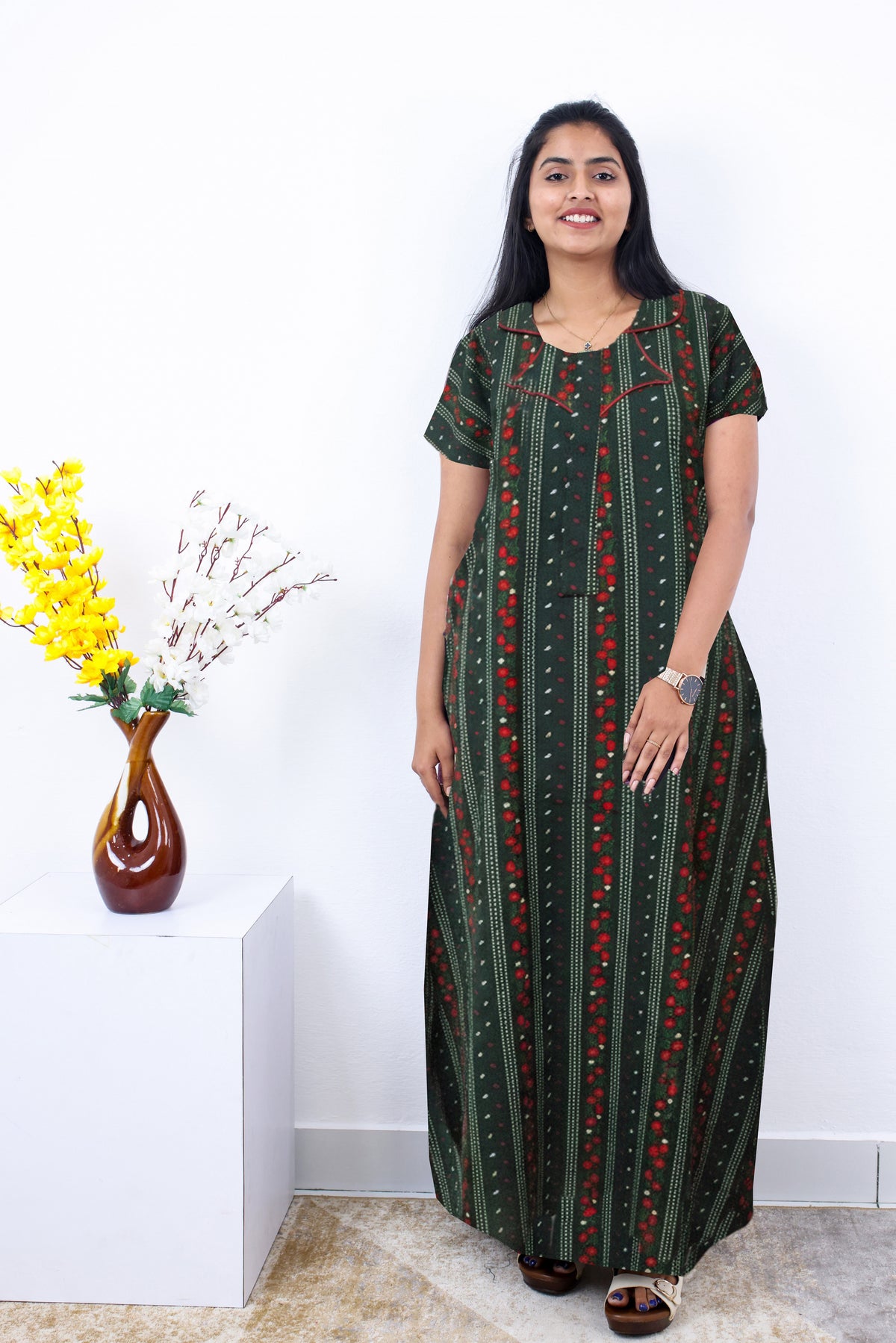 MANGAI Premium Cotton 60Inch Nighties - Fancy Neck | With Side Pocket | Shrinkage Free Nighties | Stylish Collection's for Trendy Women's - (60IN-FFN)