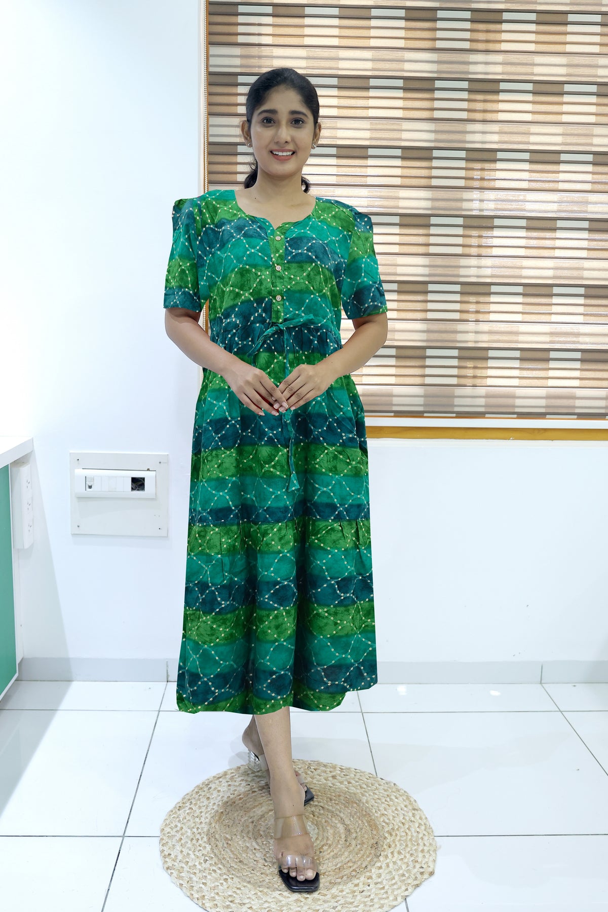 Rayon Colourful Foil Printing Gathering Frock Model Nighties | Side Pocket and Gathering Front Rope | Fancy Sleeve & Maxi Frock Nightwear for Stylish Women's (FGF)